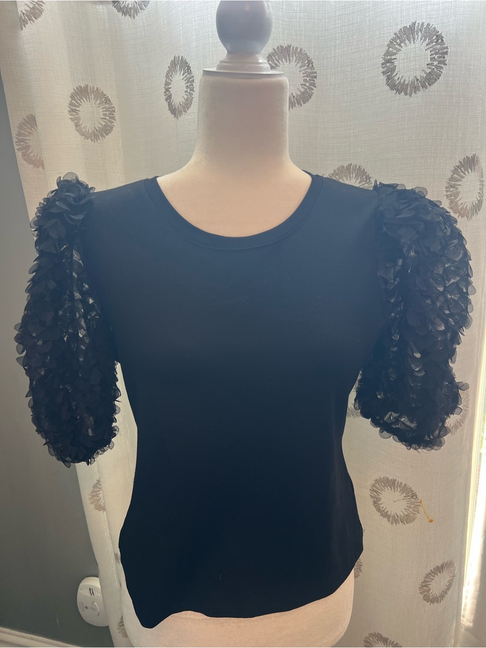 Flat white Black Short-Sleeve Top with Textured Puff Sleeves